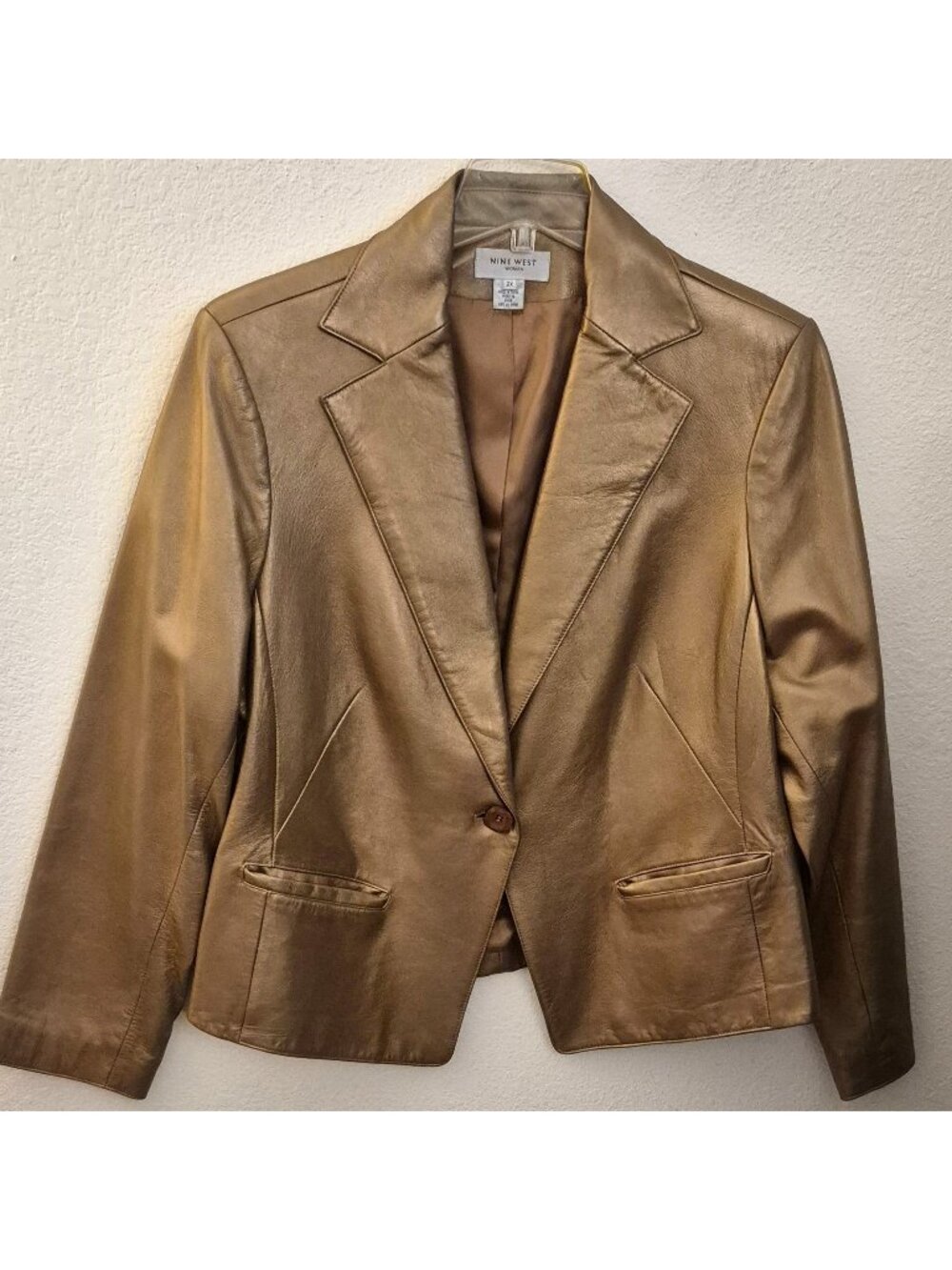 Nine West Gold Genuine Leather Fully Lined Blazer Jacket Pockets 2X EUC